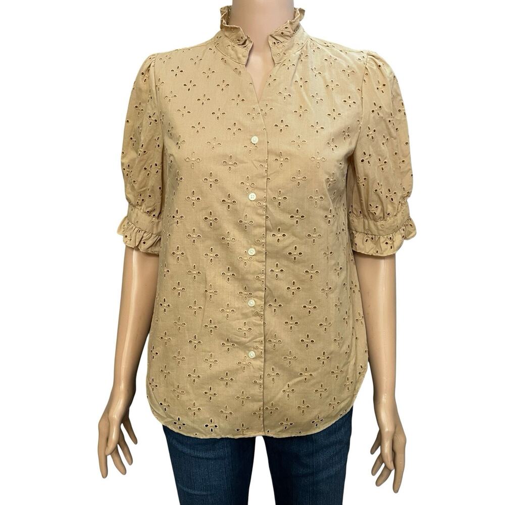 Ann Taylor Eyelet Puff Sleeve Blouse XS Brown Button Down Preppy Cottagecore